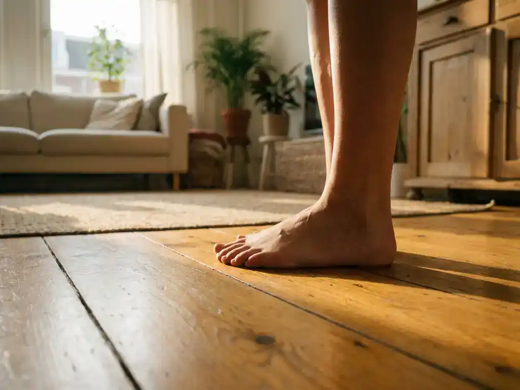 Blote voet op een warme houten vloer in een gezellige Nederlandse woonkamer, zacht ochtendlicht in gouden tinten.