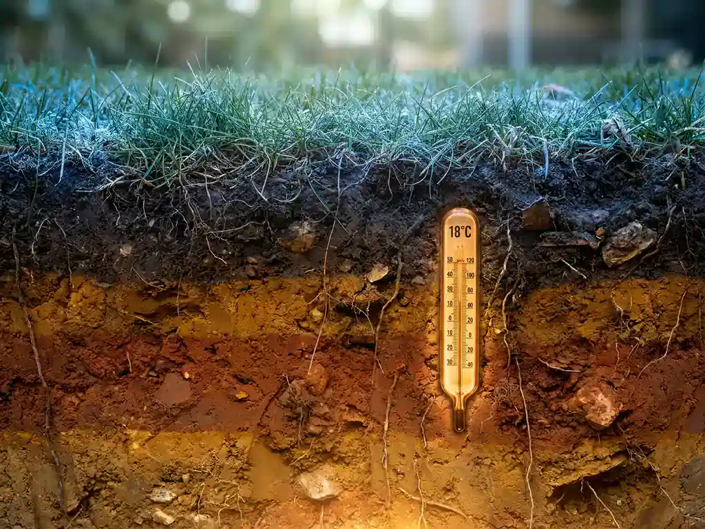 Doorsnede van Nederlandse tuinbodem op 1,8 meter diepte met thermometer, warme terracottalaag onder groen gazon.