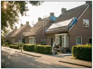 Aannemer bezig met dakisolatie op een Nederlandse woonstraat met bakstenen vrijstaande woningen in warm middaglicht.