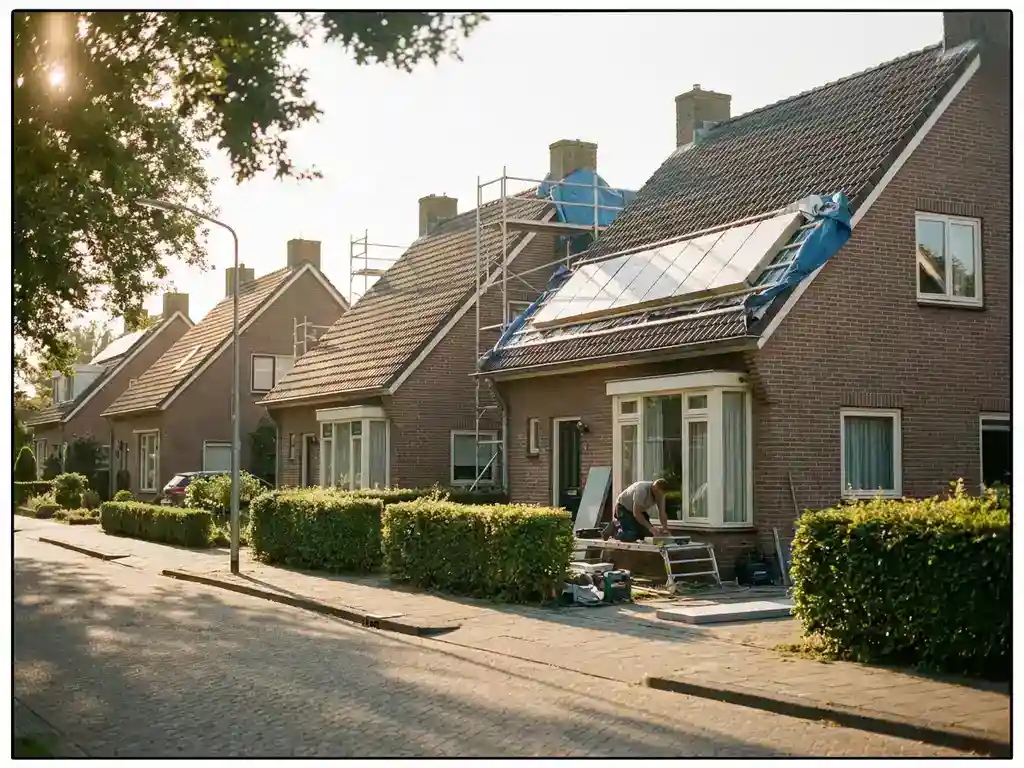 Aannemer bezig met dakisolatie op een Nederlandse woonstraat met bakstenen vrijstaande woningen in warm middaglicht.