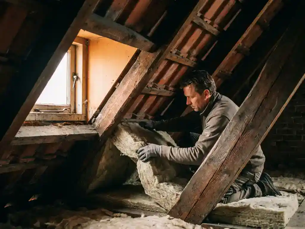 Vakman installeert minerale wol isolatie onder dakspanten in donkere zoldervlieringruimte van Nederlandse bakstenen rijtjeswoning.