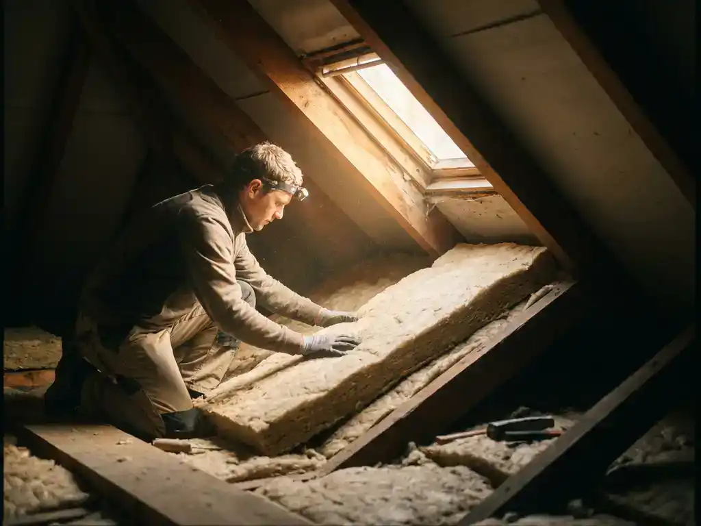 Vakman die minerale wol isoleert onder dakspanten in een zolder, warm goudkleurig daglicht door dakraam.