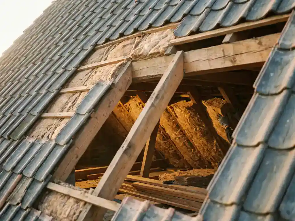 Dakisolatie in Nederlandse woning met isolatieplaten tussen houten dakspanten en tweede isolatielaag onder dakpannen.
