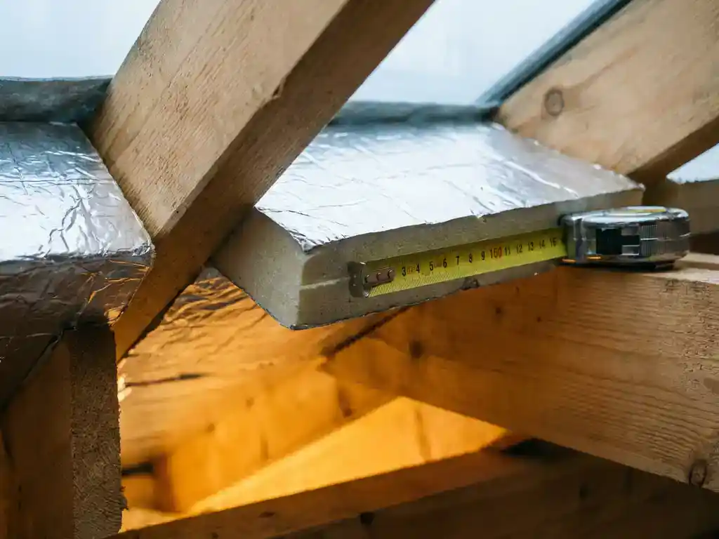 Dwarsdoorsnede van een dakconstructie met zilverkleurige PIR-isolatieplaat tussen houten gordingen, meetlint toont de plaatdikte.