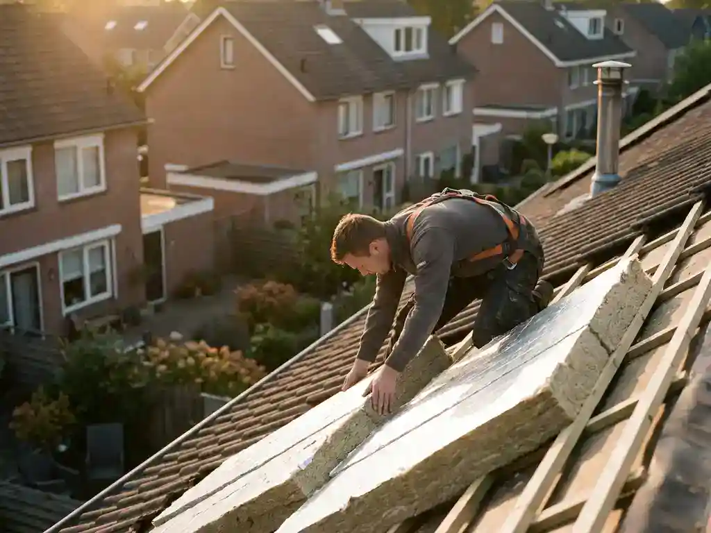 Dakdekker die dikke isolatiepanelen aanbrengt op een hellend dak van een Nederlandse woning tijdens gouden uurstemming.