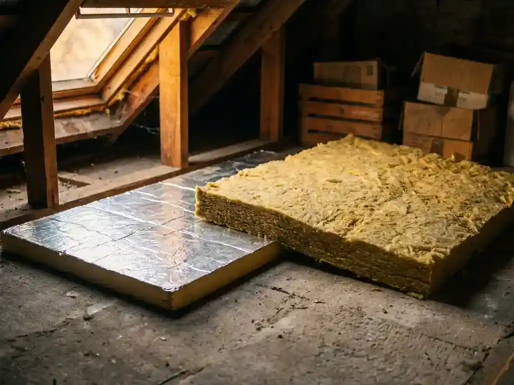 Rockwool minerale wol en PIR isolatieplaat naast elkaar op betonvloer in Nederlandse woning zolderkap, warm daglicht.