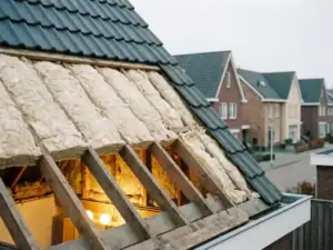 Dakisolatie tussen houten gordingen van een Nederlandse woning, met warme binnenverlichting en grijze dakpannen erboven.