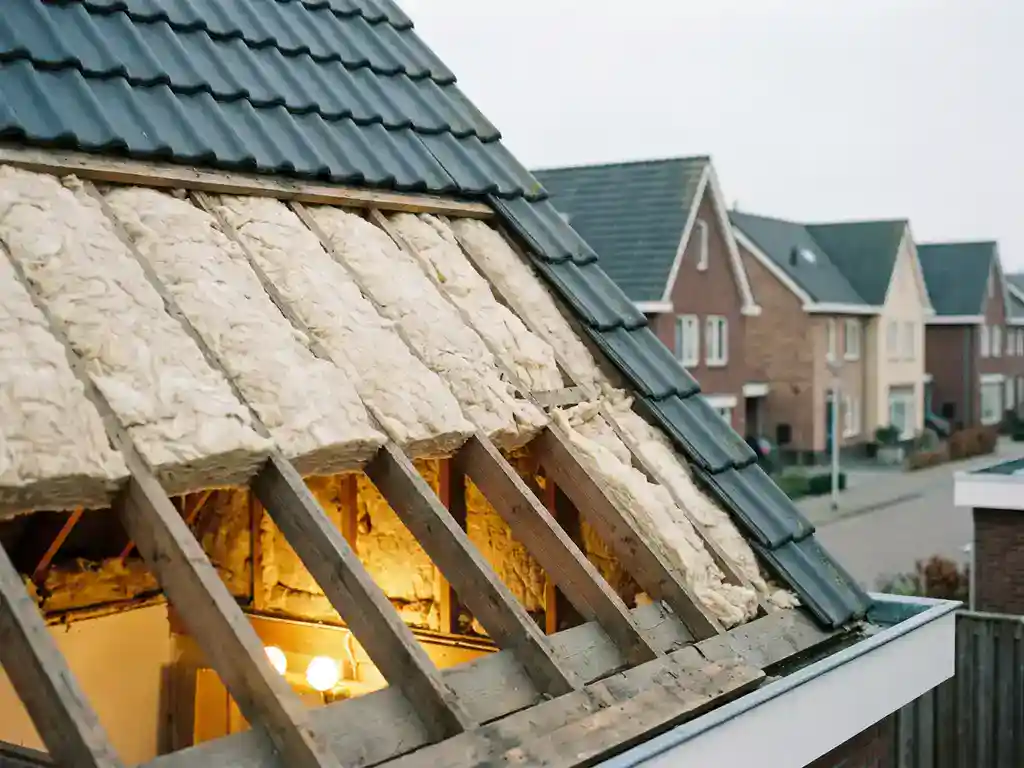 Dakisolatie tussen houten gordingen van een Nederlandse woning, met warme binnenverlichting en grijze dakpannen erboven.