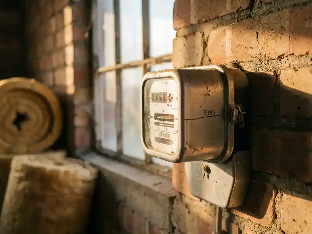 Energiemeter op verweerde bakstenen muur met wijzer voorbij driejaarsmarkering, isolatiemateriaal op achtergrond, warm ochtendlicht.