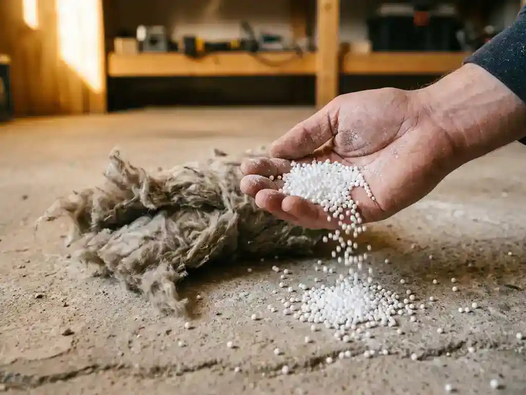 Witte EPS-isolatiekorrels en grijs glaswol op een betonnen vloer, vastgehouden in een hand onder warm zijlicht.