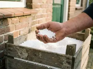 Handvol witte EPS-parels boven een verweerde houten kist met isolatiekorrels, tegen een Nederlandse gevel in warm daglicht.