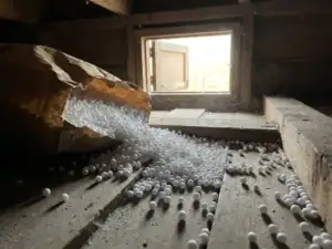 Witte EPS-isolatiebolletjes die uit een open zak op een houten ondervloer in een kruipruimte vallen, verlicht door zacht natuurlijk licht.