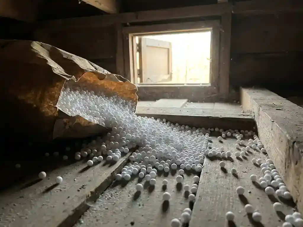 Witte EPS-isolatiebolletjes die uit een open zak op een houten ondervloer in een kruipruimte vallen, verlicht door zacht natuurlijk licht.