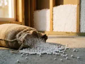 Witte EPS-parels stromen uit een verweerde jutezak op betonnen vloer, met spouwmuurvulling zichtbaar op de achtergrond.