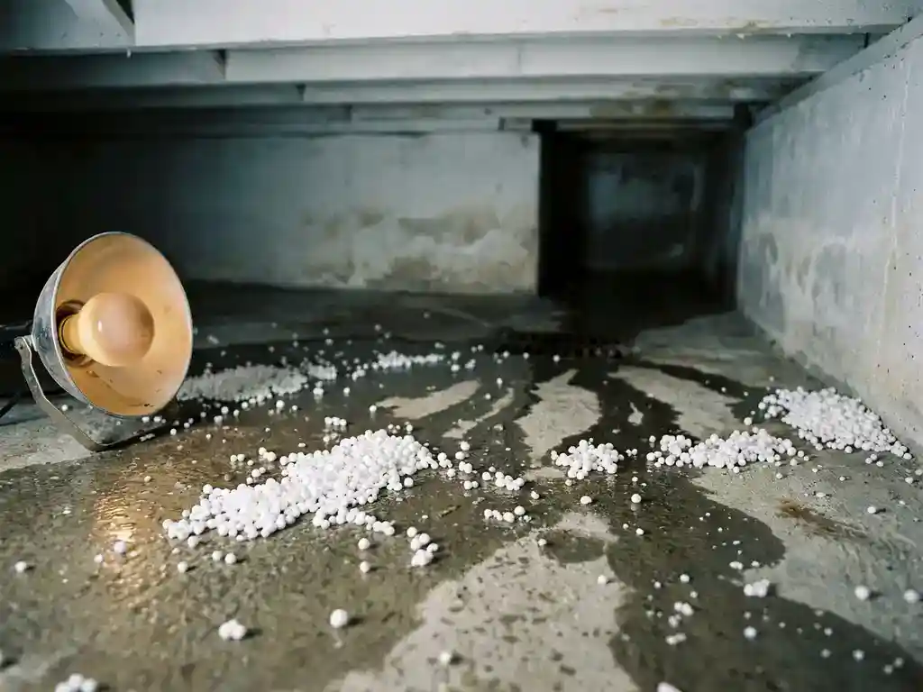 Witte EPS-schuimkorrels verspreid op vochtige betonvloer in kruipruimte, met waterdruppels en schaduwen van werklamp.