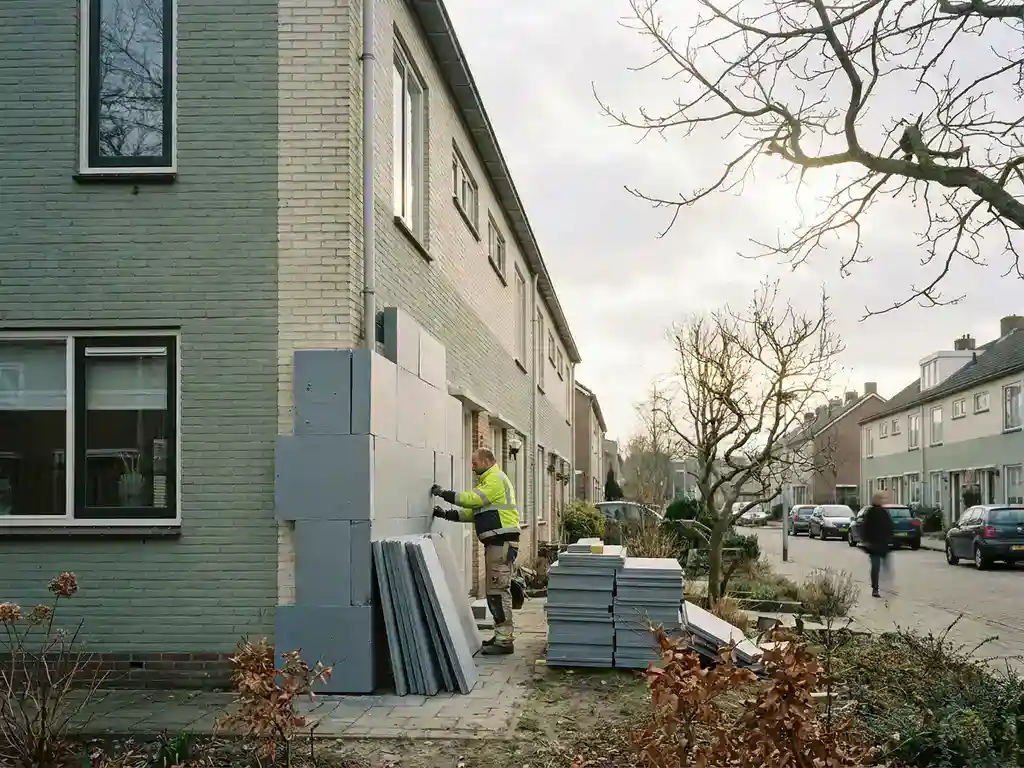 Monteur installeert isolatiepanelen op de buitengevel van een Nederlandse woning in het vroege voorjaar.