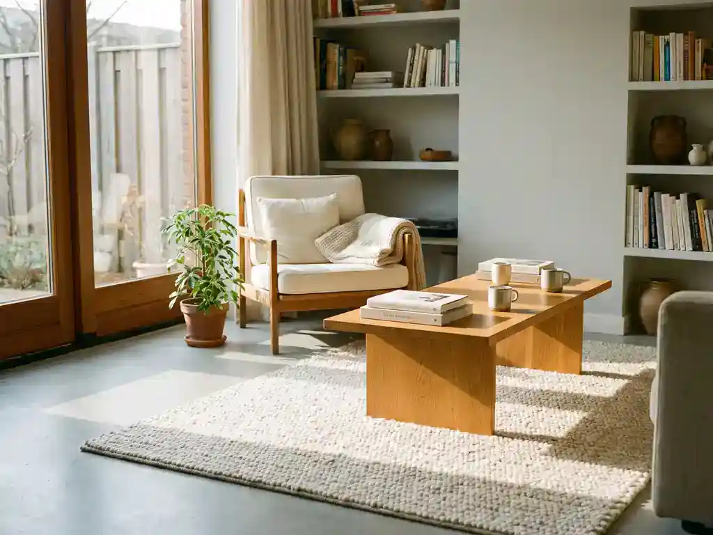 Gezellige Nederlandse woonkamer met crème wollen vloerkleed, houten salontafel en warm ochtendlicht op een lichtgrijze betonvloer.