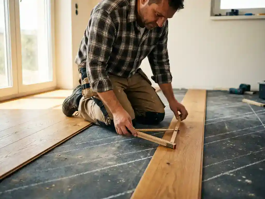 Installateur meet houten vloerplank met vouwmeter op subvloer met krijtlijnen, warm natuurlijk licht in wooninterieur.