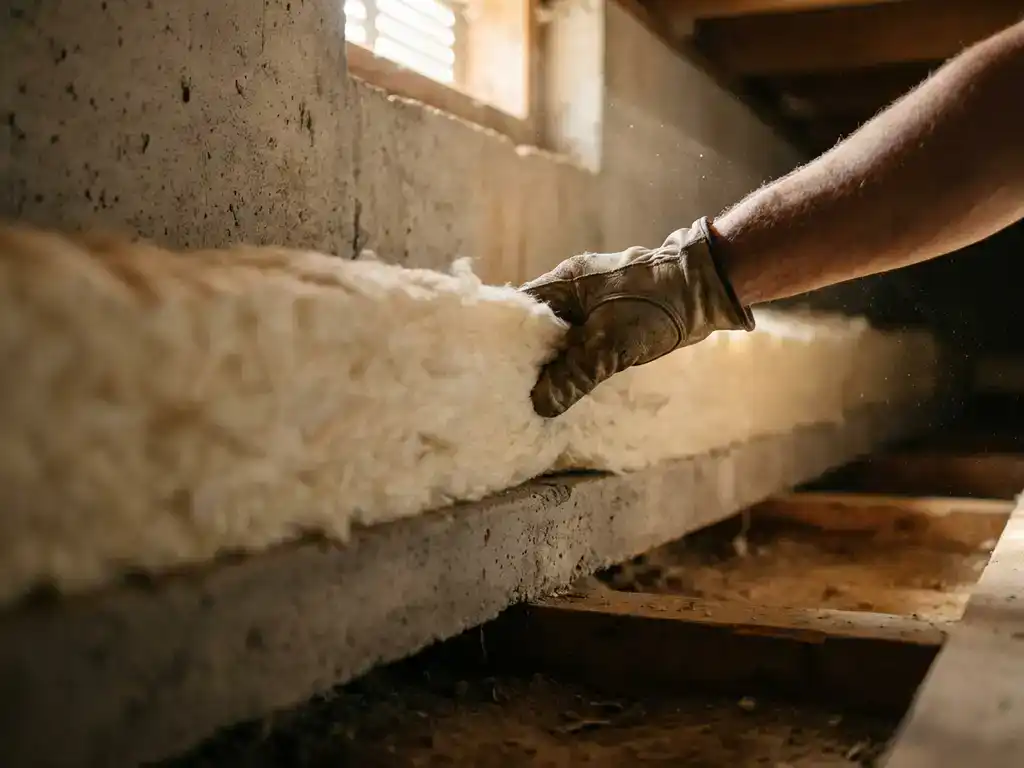 Gehandschoende hand die isolatiemateriaal aanbrengt tegen betonnen ondervloer boven kruipruimte met houten balklaag.