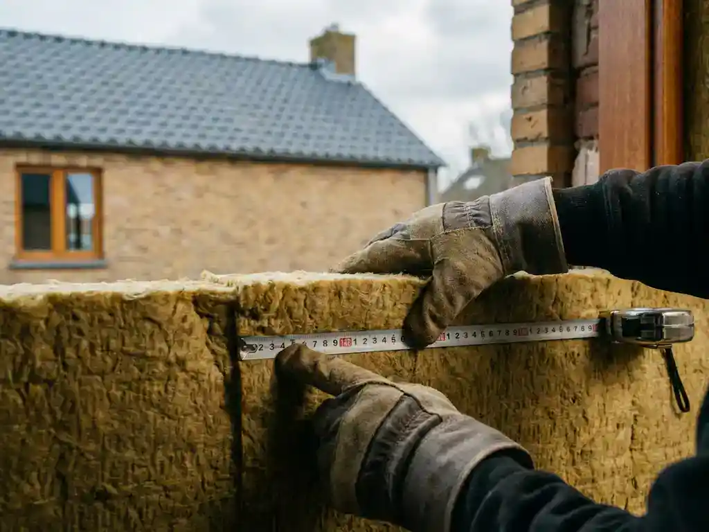 Vakman in handschoenen plaatst dikke minerale wolpanelen tegen een spouwmuur van een Nederlandse woning.