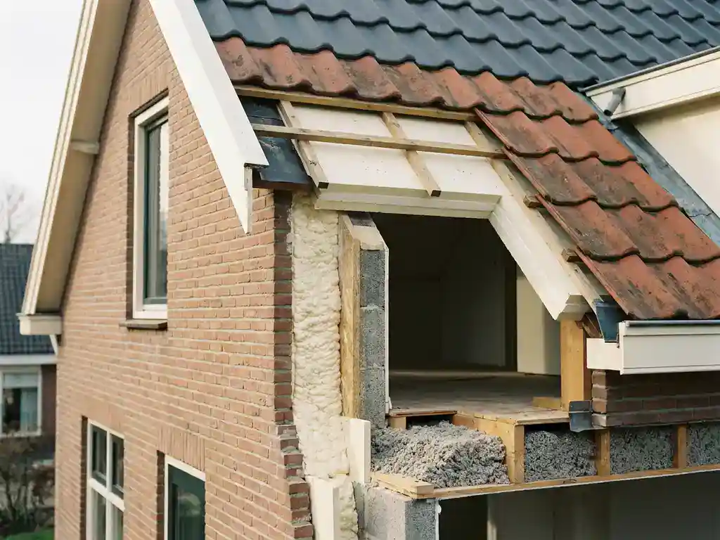 Doorsnede van Nederlandse woning met spouwmuurisolatie, dakisolatie onder pannendak en vloerisolatie tussen balklagen.