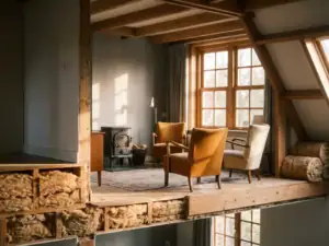 Doorsnede van Nederlandse woning met zichtbare isolatie onder houten vloer en schuin dak, warm goudkleurig middaglicht.