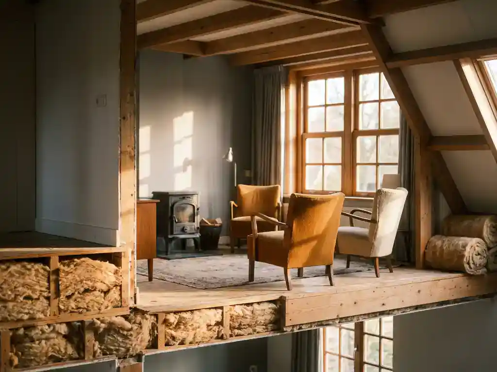 Doorsnede van Nederlandse woning met zichtbare isolatie onder houten vloer en schuin dak, warm goudkleurig middaglicht.