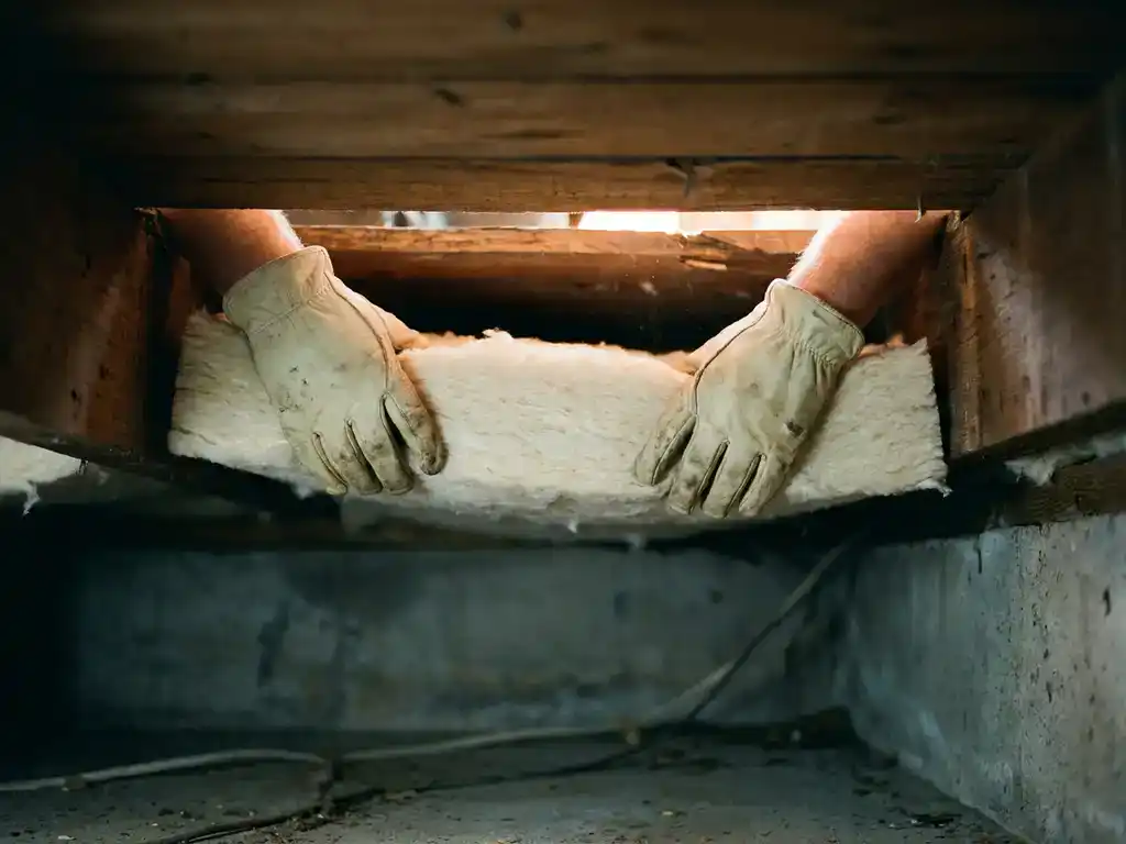 Handschoenen dragende technicus die isolatiemateriaal in een kier onder een verweerde houten vloerplank drukt, met een koude kruipruimte zichtbaar daaronder.