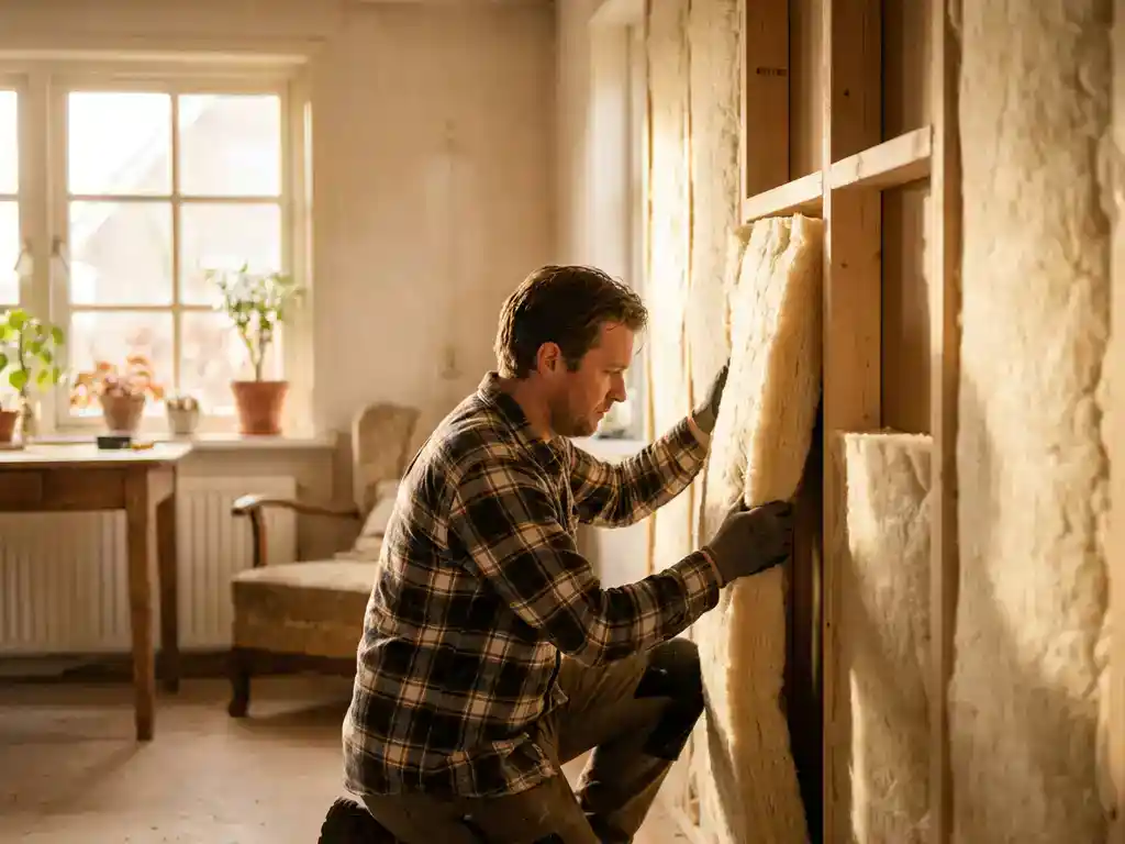 Isolatiemonteur die dikke crèmekleurige isolatie in een spouwmuur perst, warm goudkleurig licht door een raam in Nederlandse woonkamer.