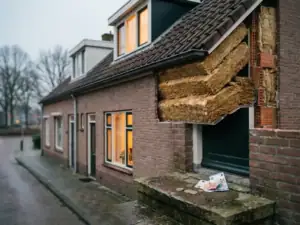 Doorsnede van Nederlandse woning met dikke isolatielagen in dak en spouwmuren, euro's op de drempel, warm interieurlicht.