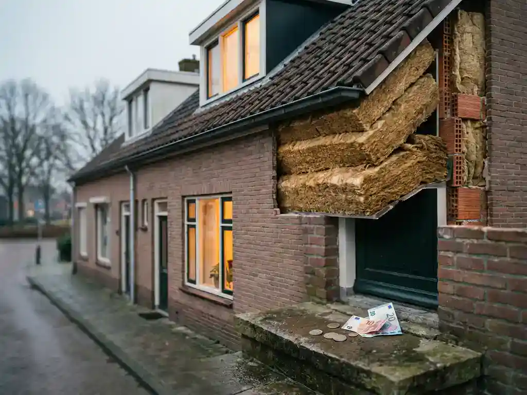Doorsnede van Nederlandse woning met dikke isolatielagen in dak en spouwmuren, euro's op de drempel, warm interieurlicht.