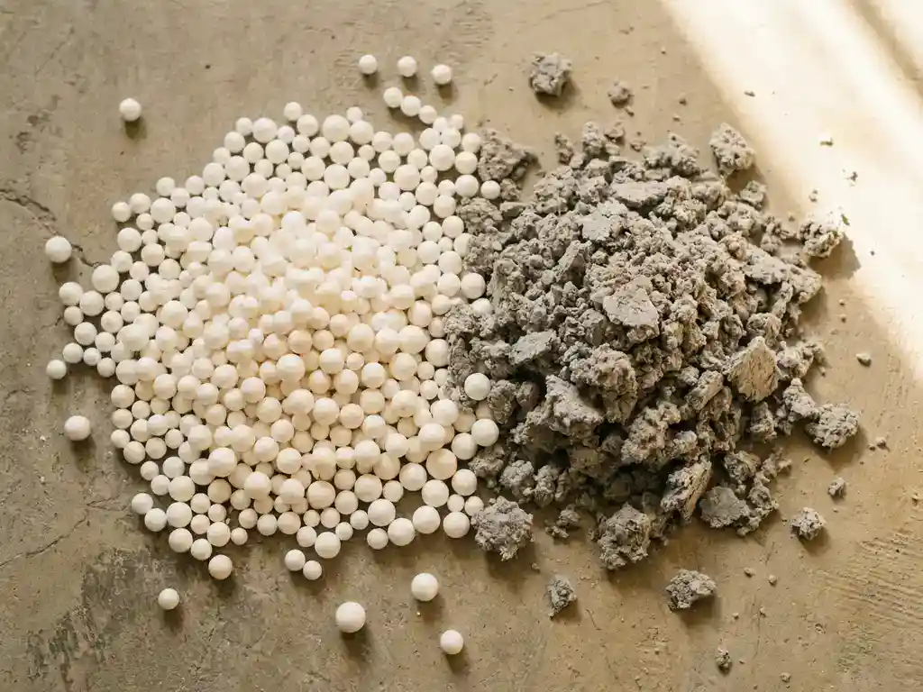 Bovenaanzicht van witte EPS-isolatieparels naast grijze isolatiechips op een betonnen ondergrond.