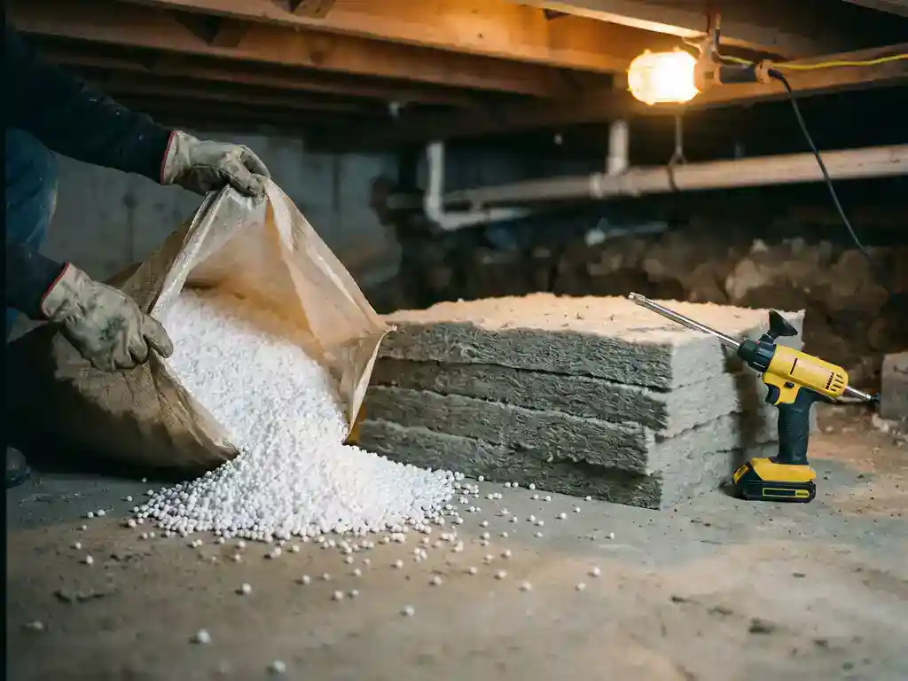Witte EPS-parels die uit een open zak vallen op een betonnen vloer in een kruipruimte, naast een stapel minerale wol als isolatiemateriaal.