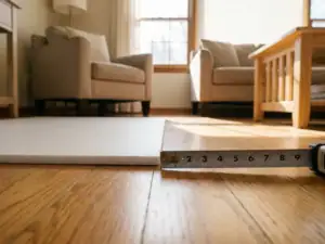 Dunne stijve isolatieplaat tegen een houten vloer met meetlint dat de minimale dikte benadrukt.