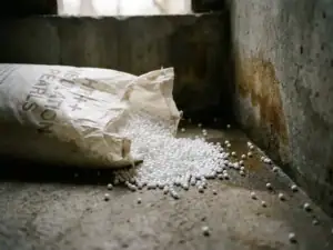 Witte HR++ isolatieparels die uit een gescheurde zak strooien op een vochtige kruipruimtevloer van beton.