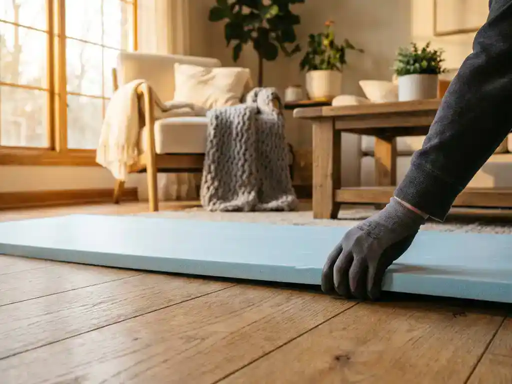 Stijve isolatieplaat tegen houten ondervloer geplaatst in woonkamer met warme eiken tinten en natuurlijk raamlicht.