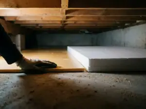 Gehandschoende hand op goudgeel PIR-isolatiepaneel naast wit EPS-schuimboard op betonvloer in kruipruimte.