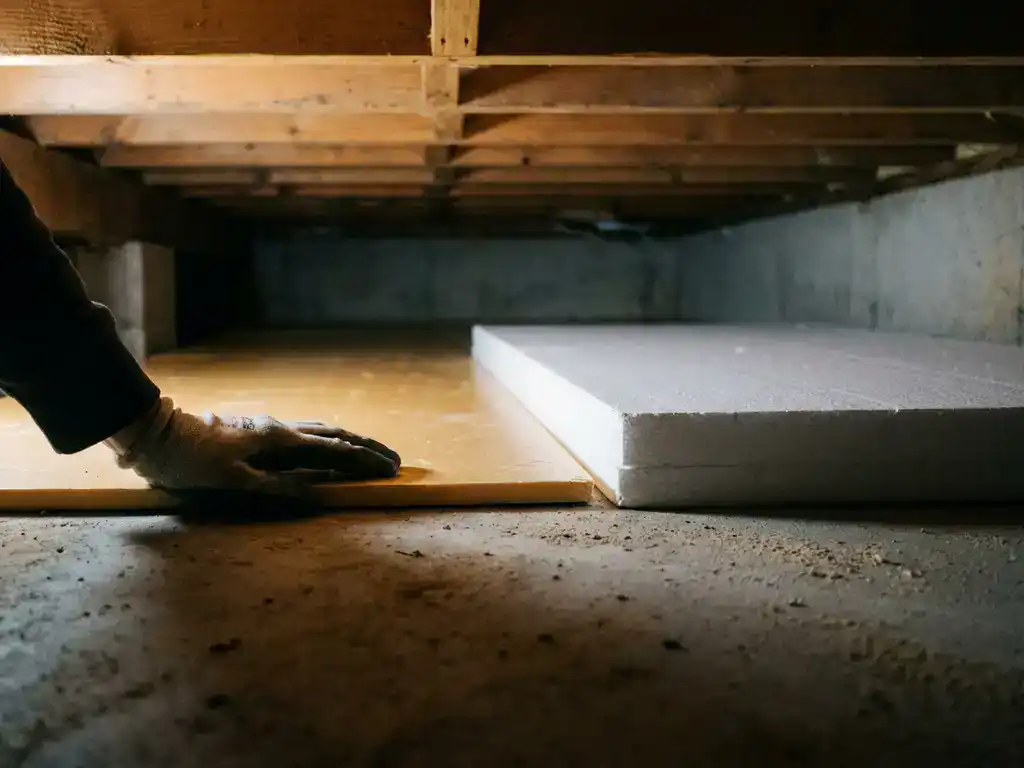 Gehandschoende hand op goudgeel PIR-isolatiepaneel naast wit EPS-schuimboard op betonvloer in kruipruimte.