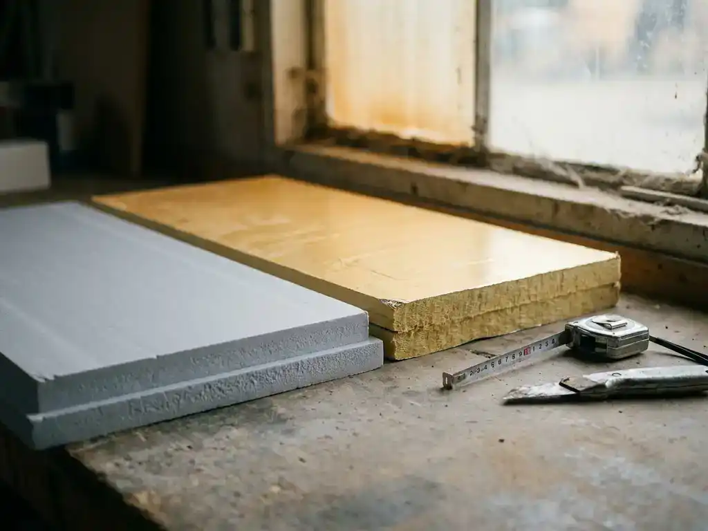 Grijs XPS-isolatieplaat en goudgeel PIR-paneel naast elkaar op betonvloer, met meetlint en stanleymes.
