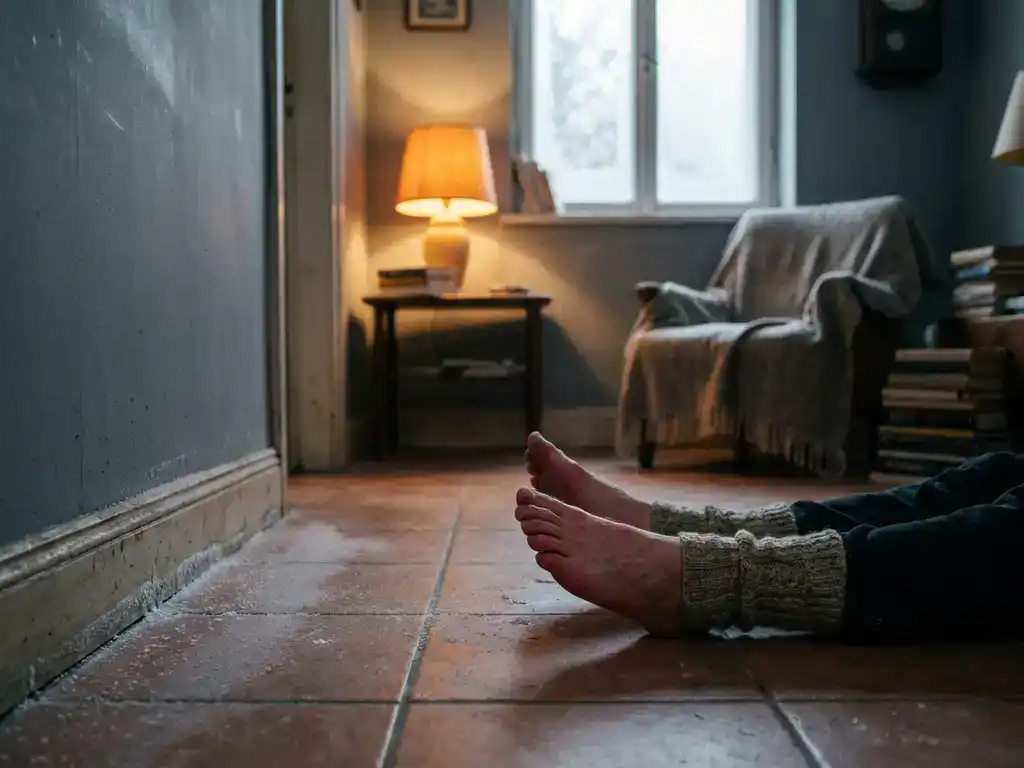 Persoon in dikke sokken op bevroren tegelvloer, rijp langs ongeïsoleerde plint, warm lamplicht in koude ochtendkamer.