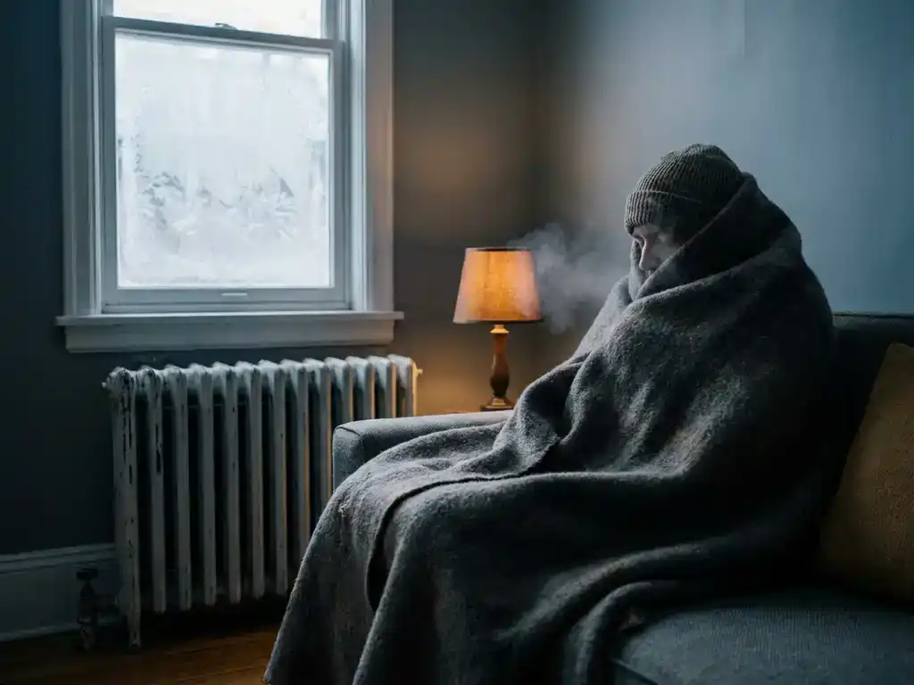 Persoon gehuld in wollen deken in koude woonkamer, adem zichtbaar als mist, berijpte ruit en oude radiator op achtergrond.