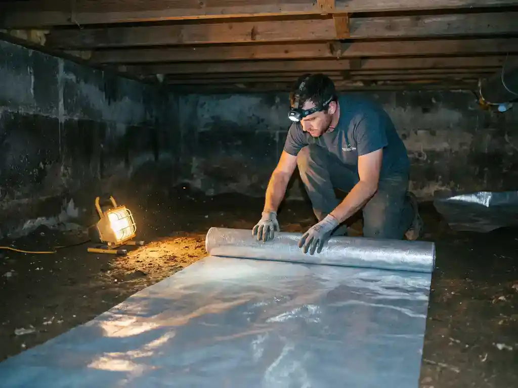 Installateur rolt zilvergrijze dampscherm folie uit op kruipruimtevloer, met zichtbare betonnen funderingsmuren en houten vloerbalken.