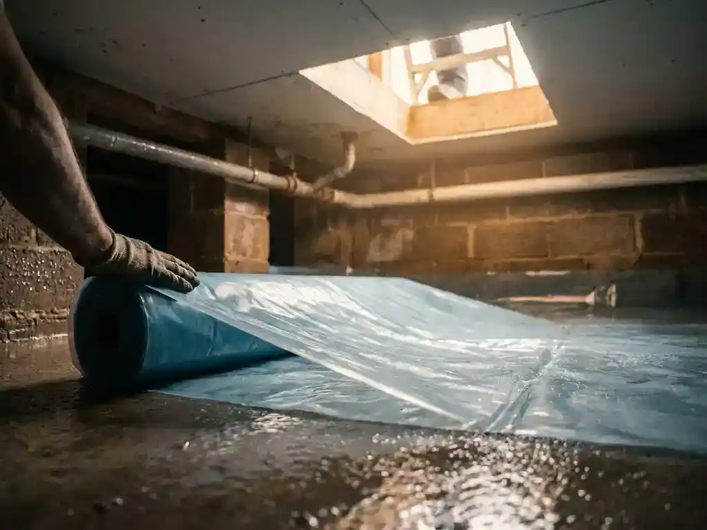 Kruipruimte onder Nederlandse woning met vochtige betonvloer en plastic dampscherm dat wordt uitgerold tegen optrekkend vocht.