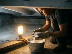 Huiseigenaar met werkhandschoenen verzamelt losse EPS-parelschuimkorrels in emmer op betonnen kruipruimtevloer bij werklamp.
