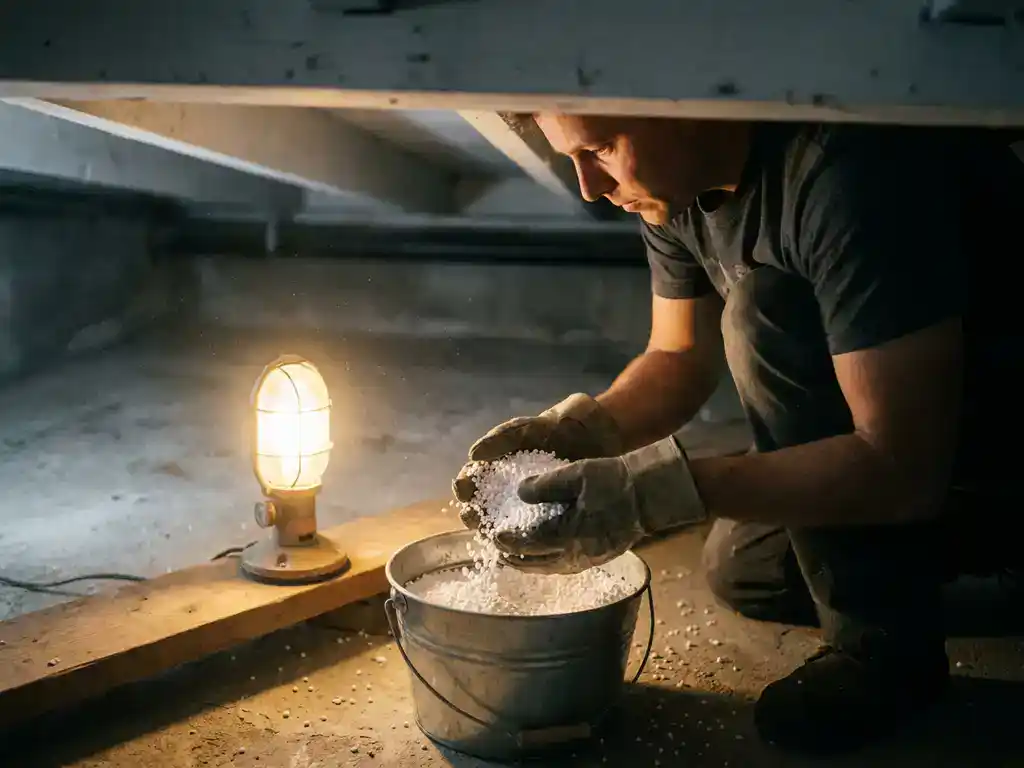 Huiseigenaar met werkhandschoenen verzamelt losse EPS-parelschuimkorrels in emmer op betonnen kruipruimtevloer bij werklamp.