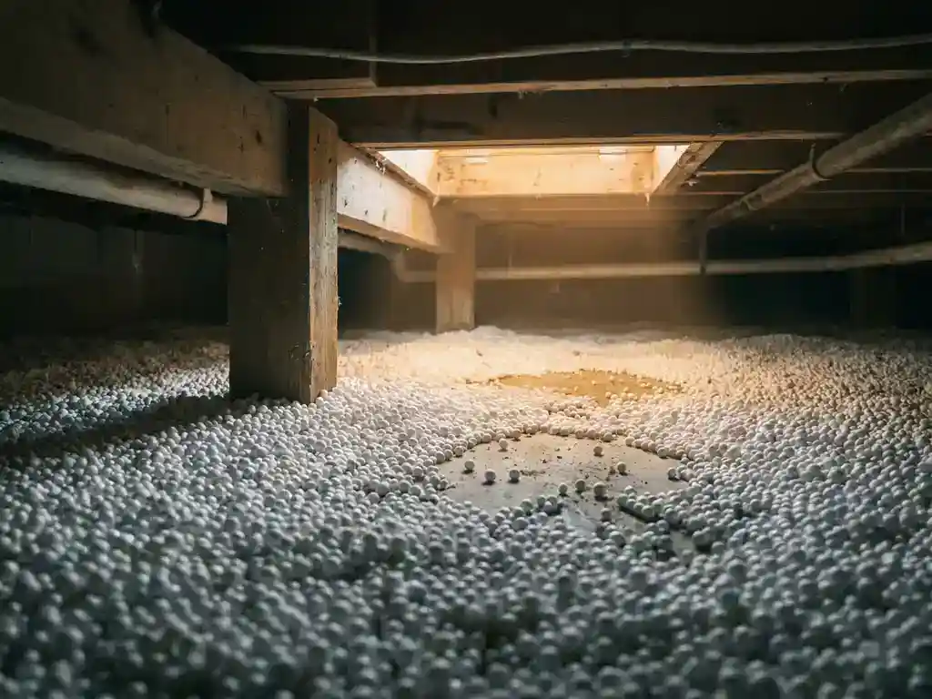 Kruipruimte onder woning bedekt met witte EPS-parels op kale grond, houten vloerbalken zichtbaar, warm licht via toegangsluik.