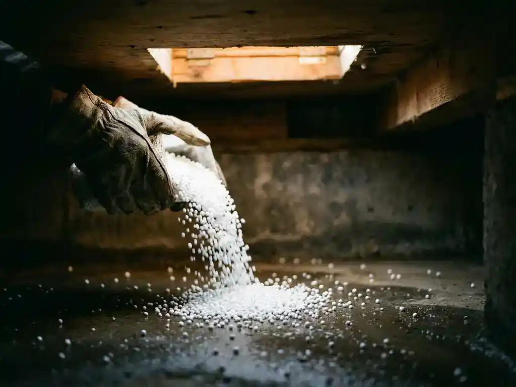 Gehandschoende hand die witte EPS-isolatieparels uitstrooit op een vochtige betonnen kruipruimtevloer, verlicht door warme amber lichtval.