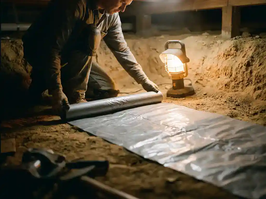 Installateur rolt vochtbarrière folie uit op kruipruimtevloer, verlicht door werklamp met warm goudkleurig licht.