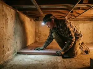 Huiseigenaar in kruipruimte die isolatieplaat op betonnen vloer drukt, verlicht door hoofdlamp, leidingen en balken zichtbaar.