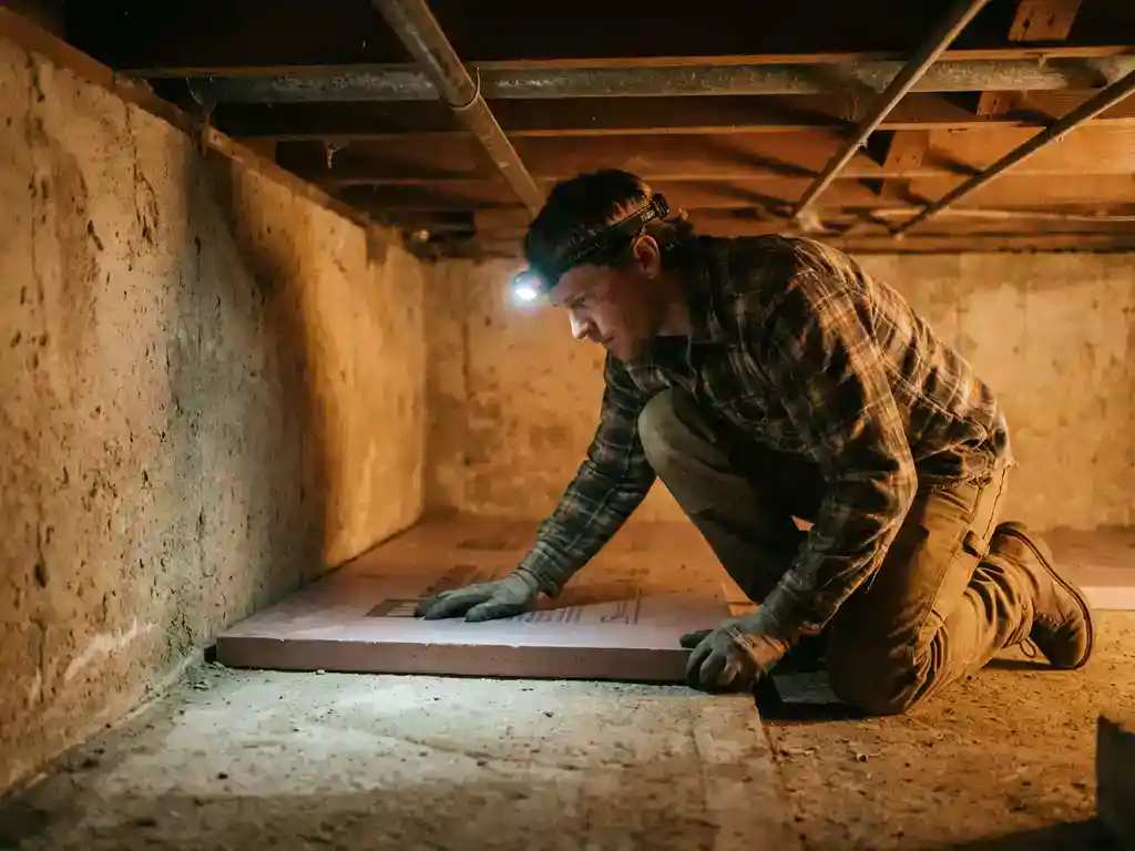 Huiseigenaar in kruipruimte die isolatieplaat op betonnen vloer drukt, verlicht door hoofdlamp, leidingen en balken zichtbaar.